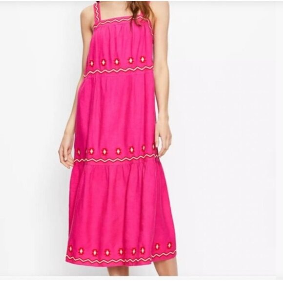NWT Pink Embroidered Tiered Linen Blend Square Neck Midi Dress - Small Petite - Picture 1 of 8